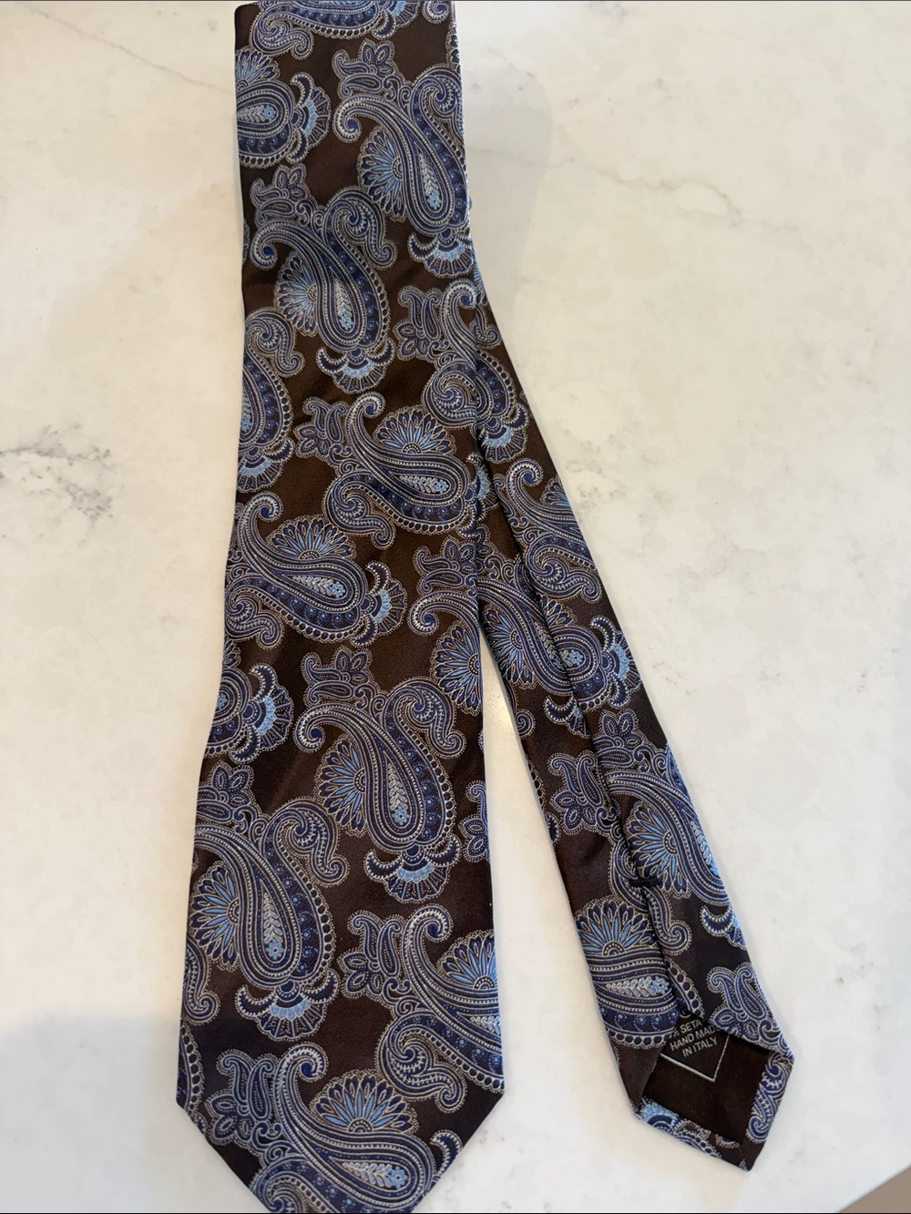 Brioni Brown Tie with Blue Paisley Pattern